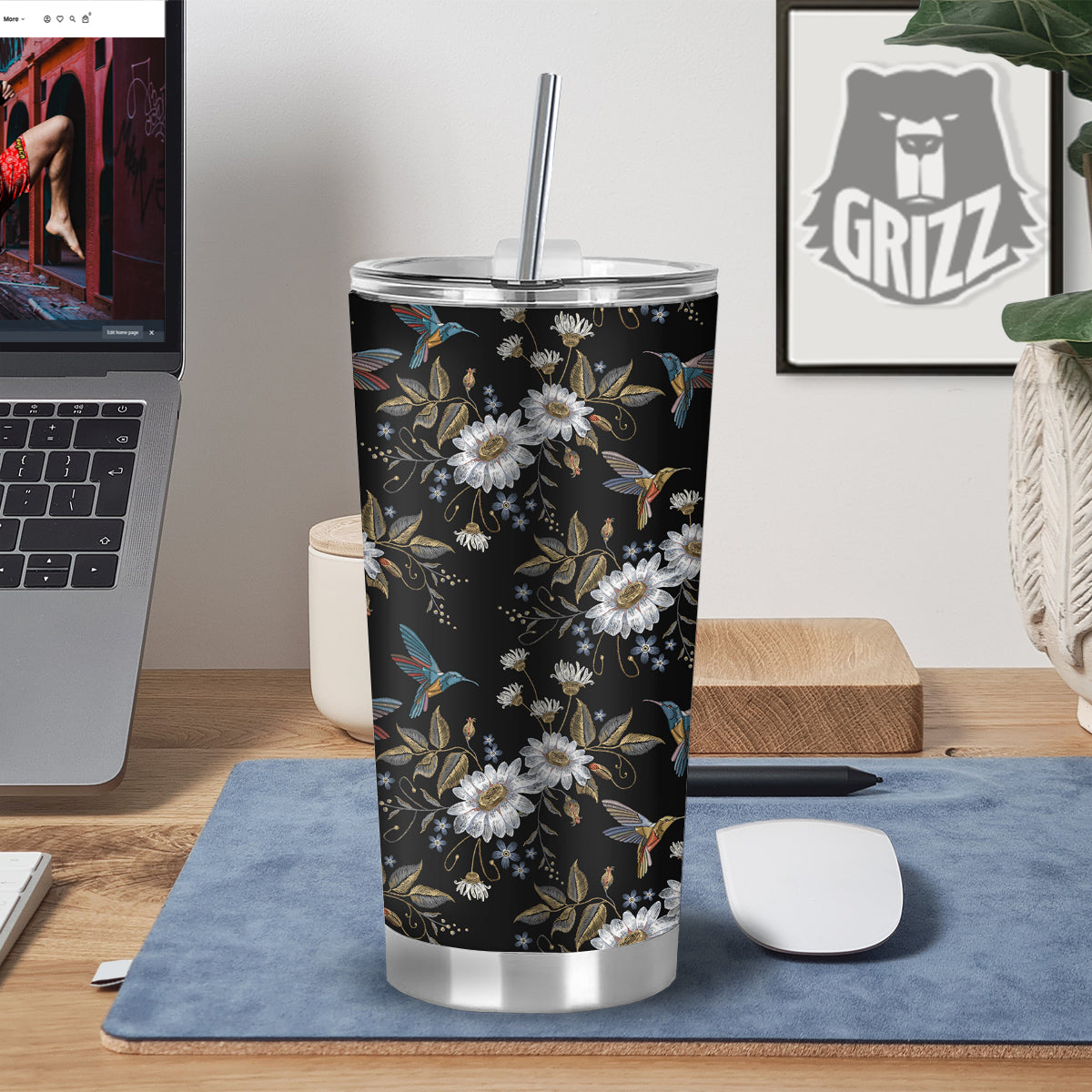 Hummingbird Floral Vintage Print Pattern Tumbler-grizzshop