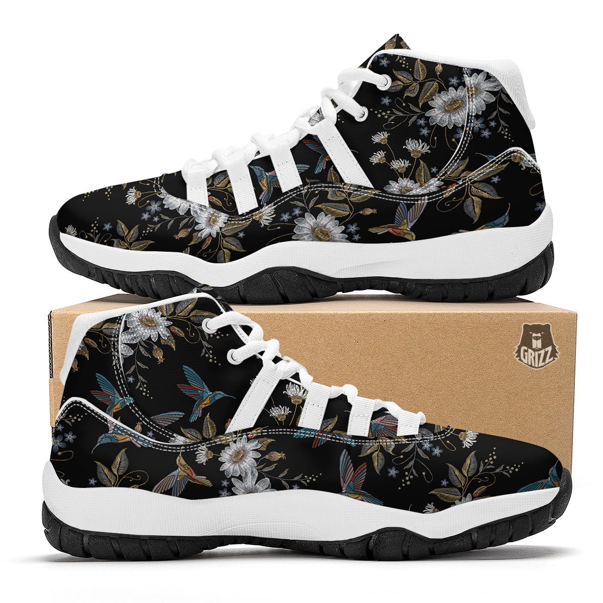 Hummingbird Floral Vintage Print Pattern White Bball Shoes-grizzshop
