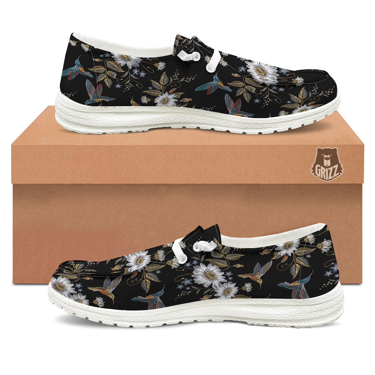 Hummingbird Floral Vintage Print Pattern White Loafers-grizzshop