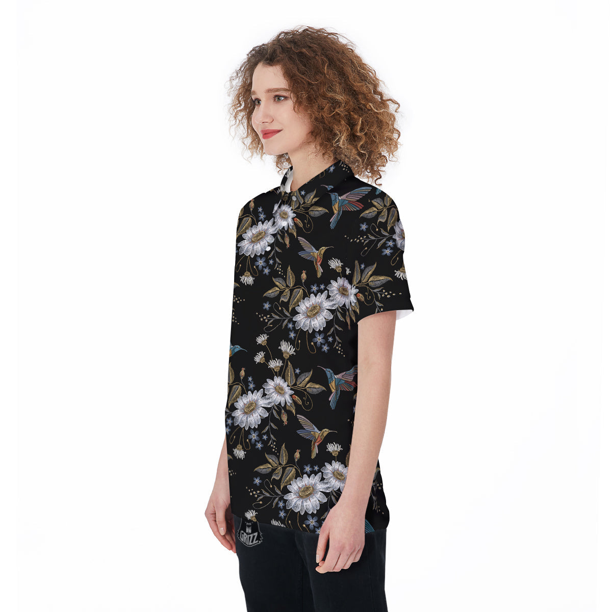 Hummingbird Floral Vintage Print Pattern Women's Golf Shirts-grizzshop