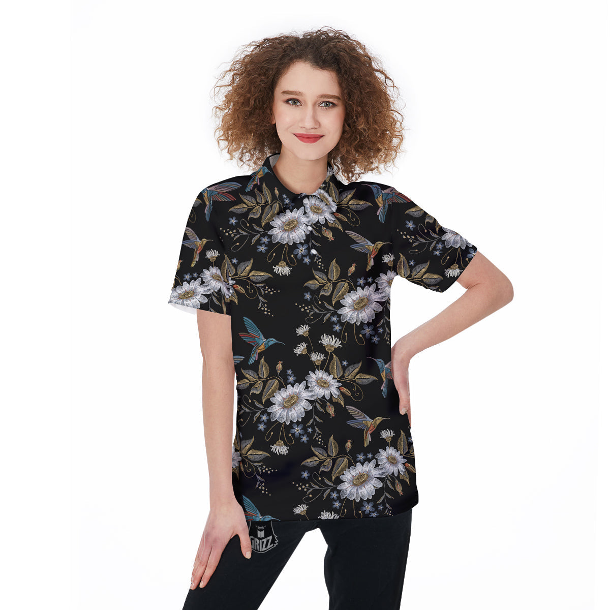 Hummingbird Floral Vintage Print Pattern Women's Golf Shirts-grizzshop
