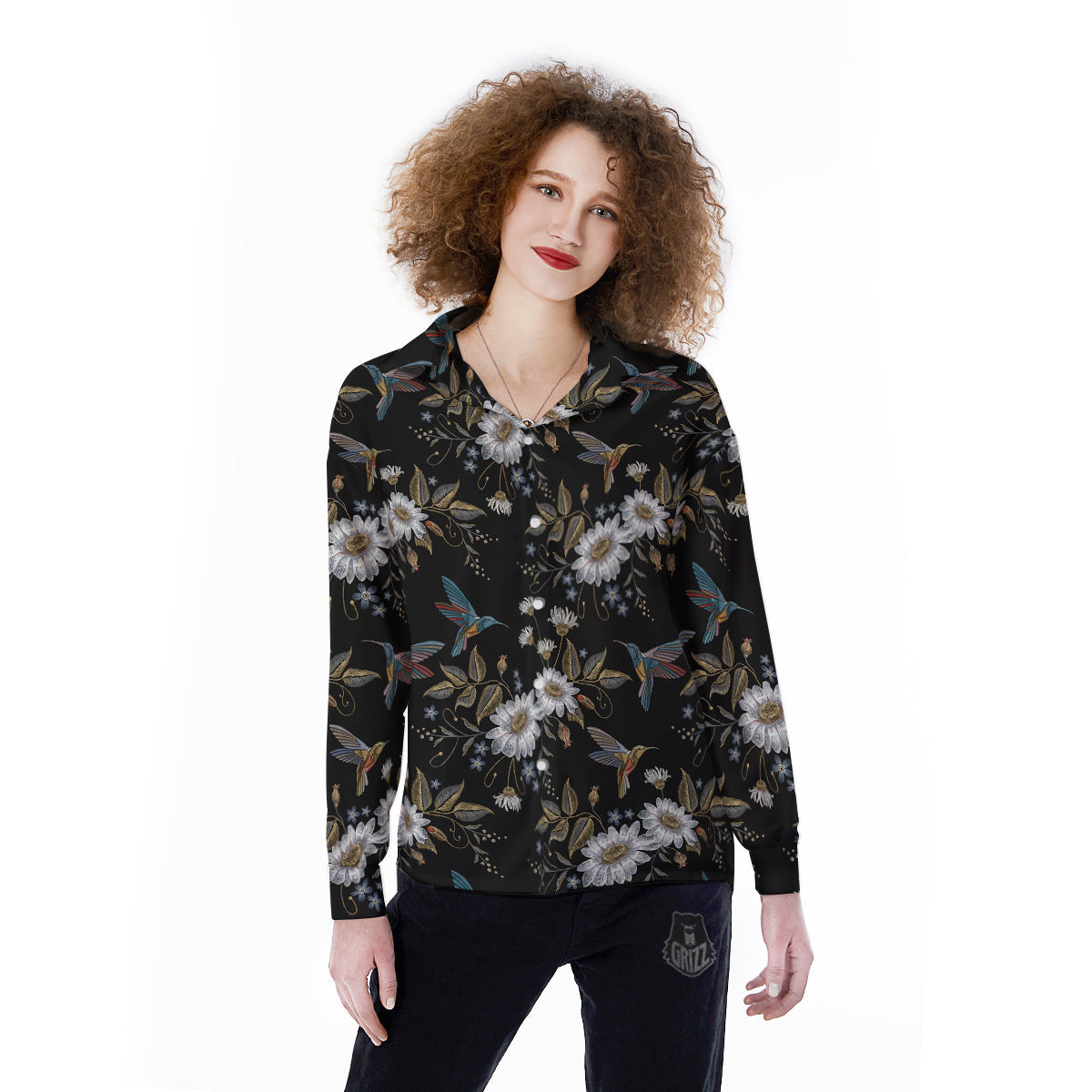 Hummingbird Floral Vintage Print Pattern Women's Long Sleeve Shirts-grizzshop