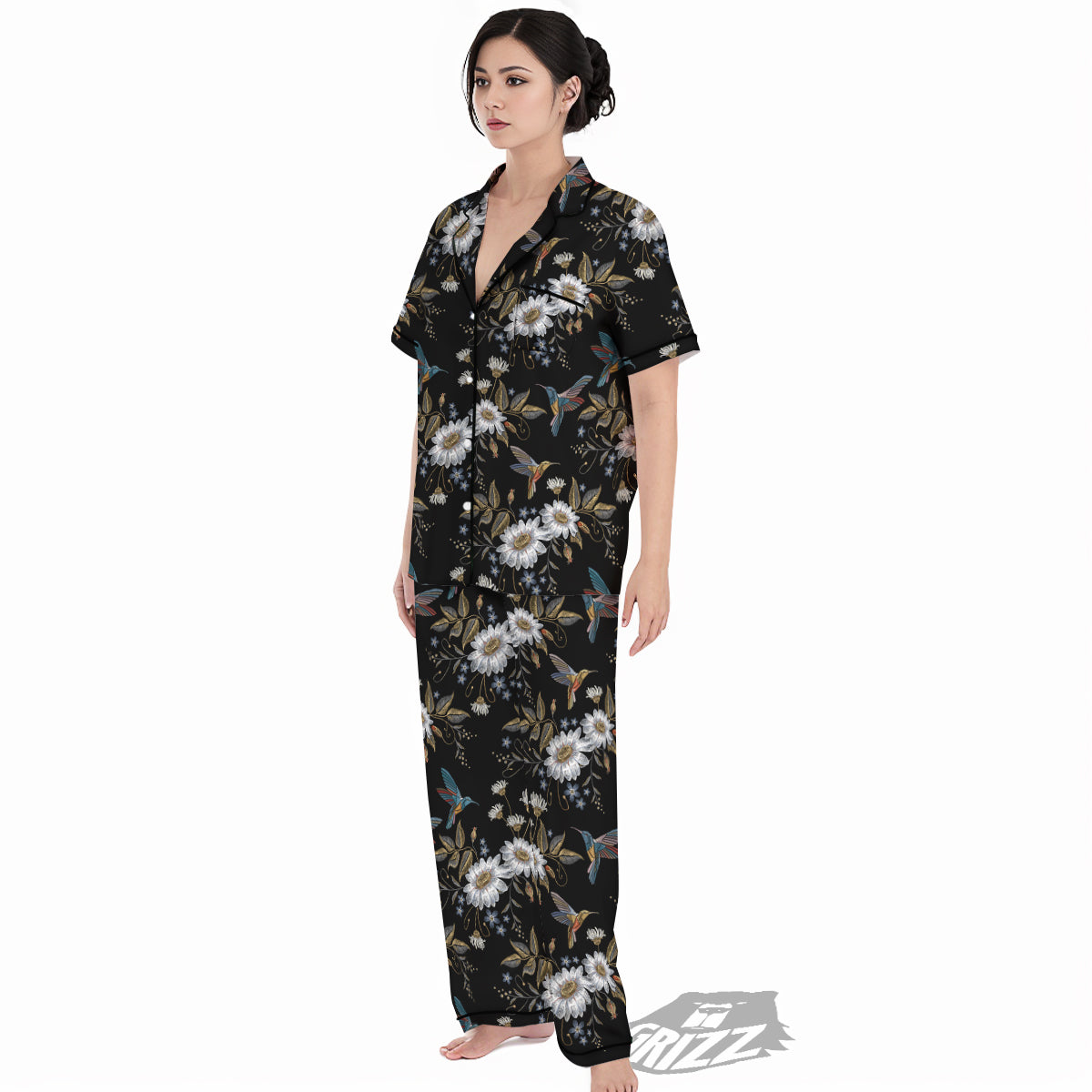 Hummingbird Floral Vintage Print Pattern Women's Pajamas Set-grizzshop