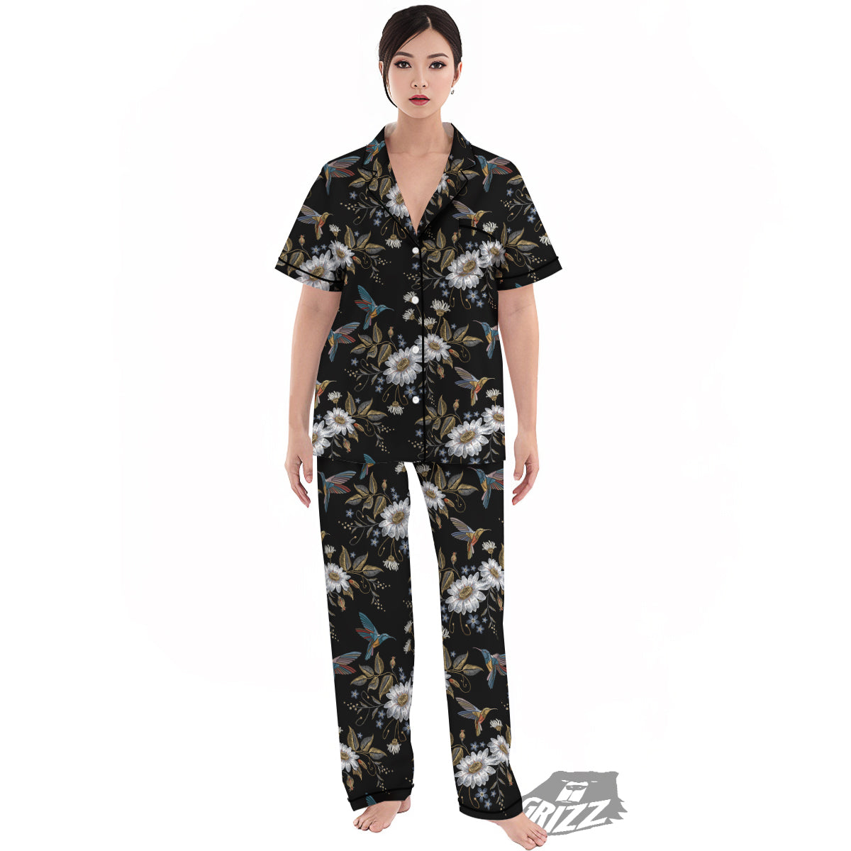 Hummingbird Floral Vintage Print Pattern Women's Pajamas Set-grizzshop