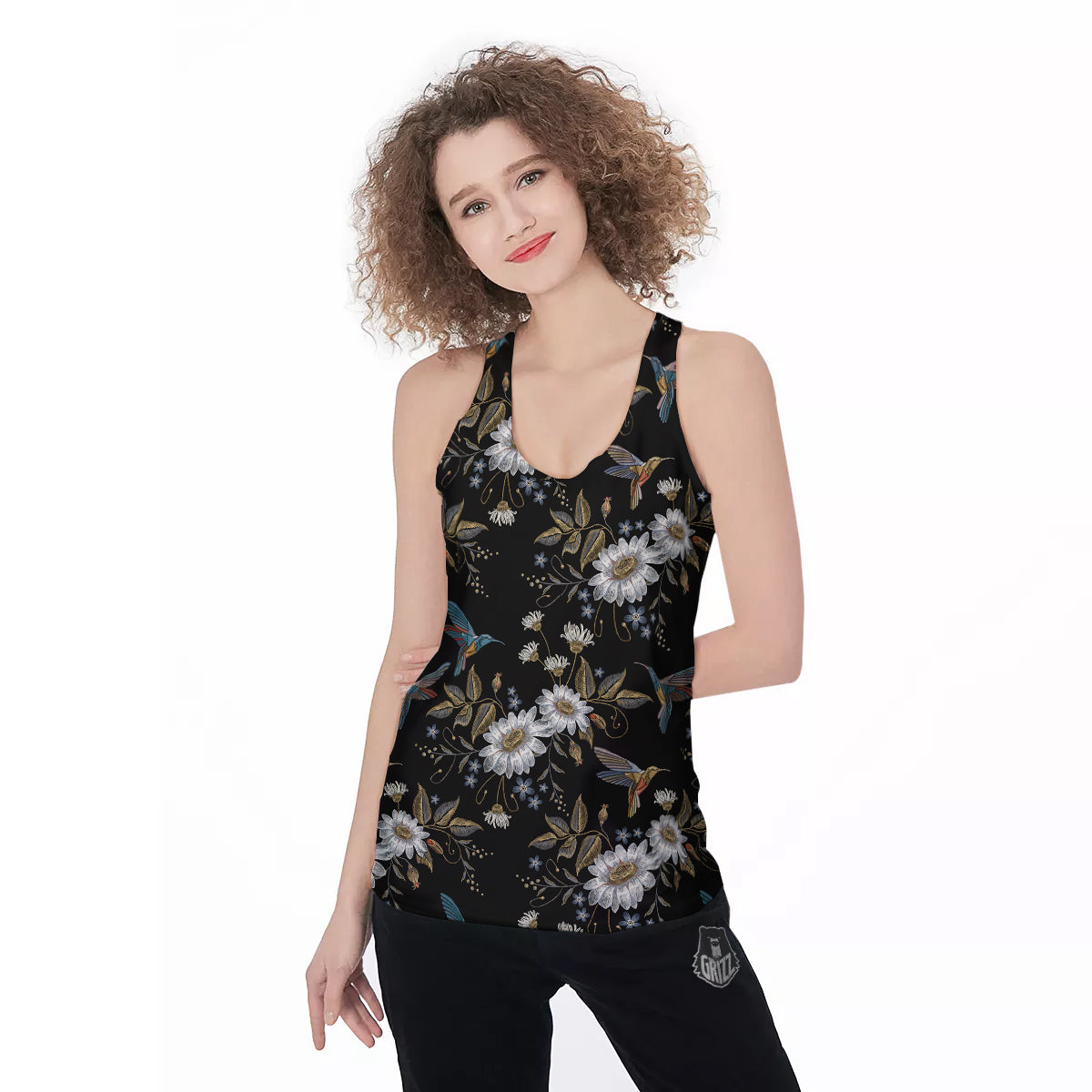 Hummingbird Floral Vintage Print Pattern Women's Racerback Tank Top-grizzshop