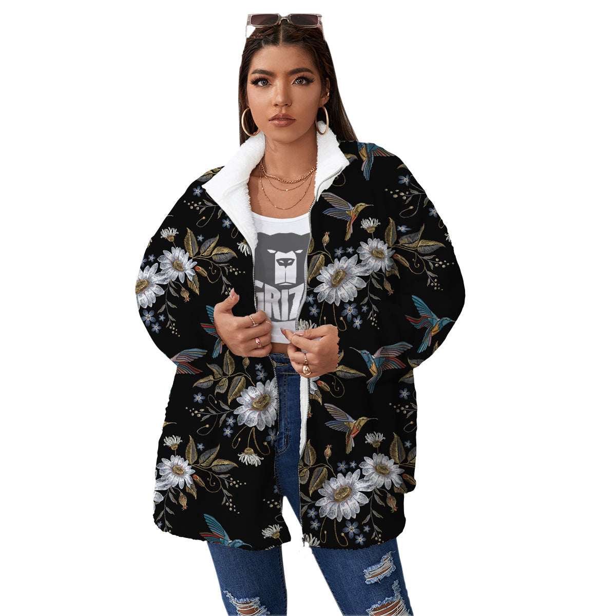 Hummingbird Floral Vintage Print Pattern Women's Sherpa Jacket-grizzshop