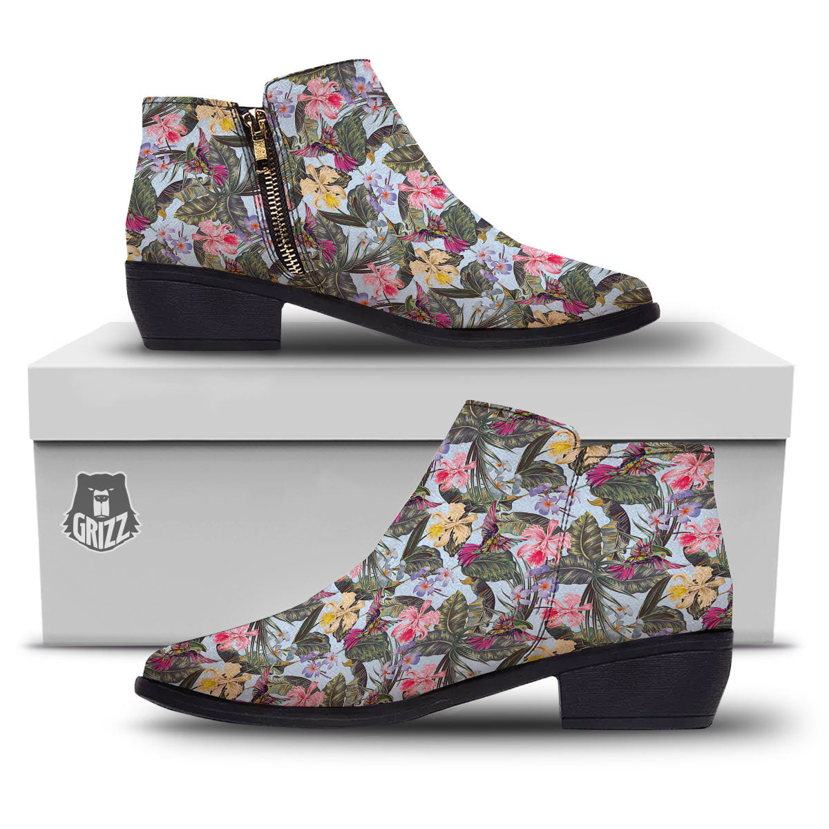 Hummingbird Tropical Print Pattern Ankle Boots-grizzshop
