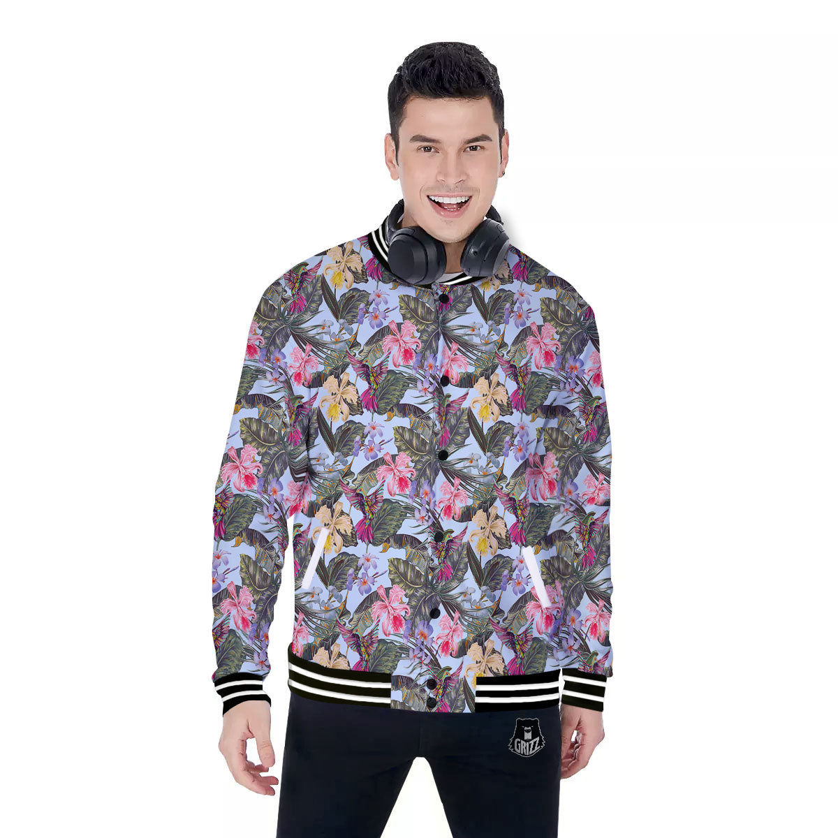 Hummingbird Tropical Print Pattern Baseball Jacket-grizzshop