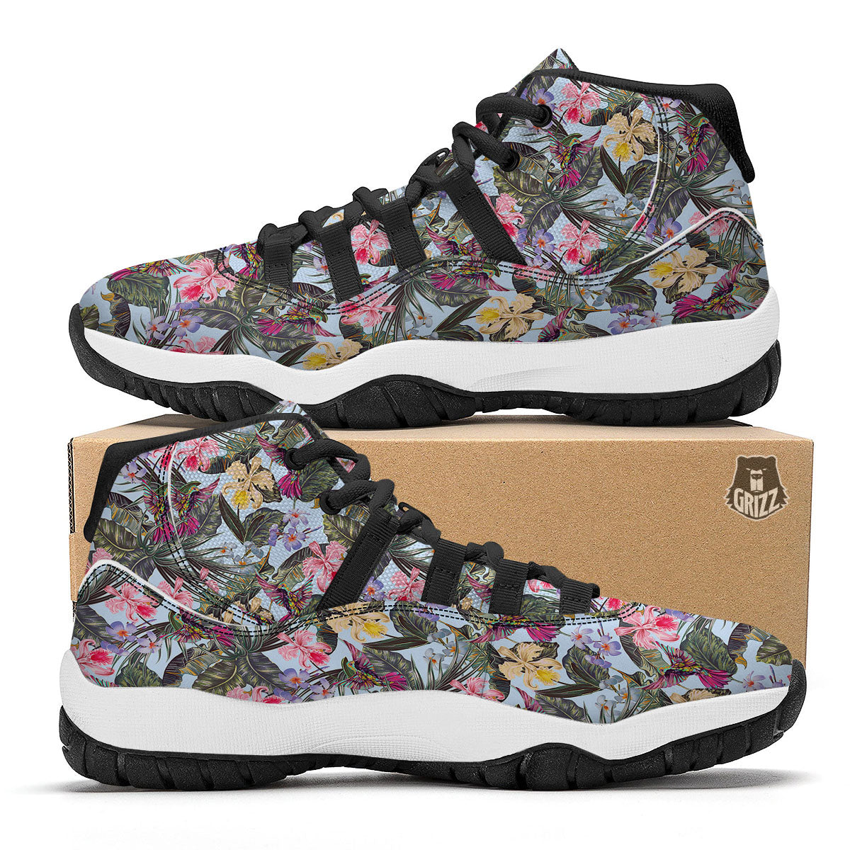 Hummingbird Tropical Print Pattern Black Bball Shoes-grizzshop