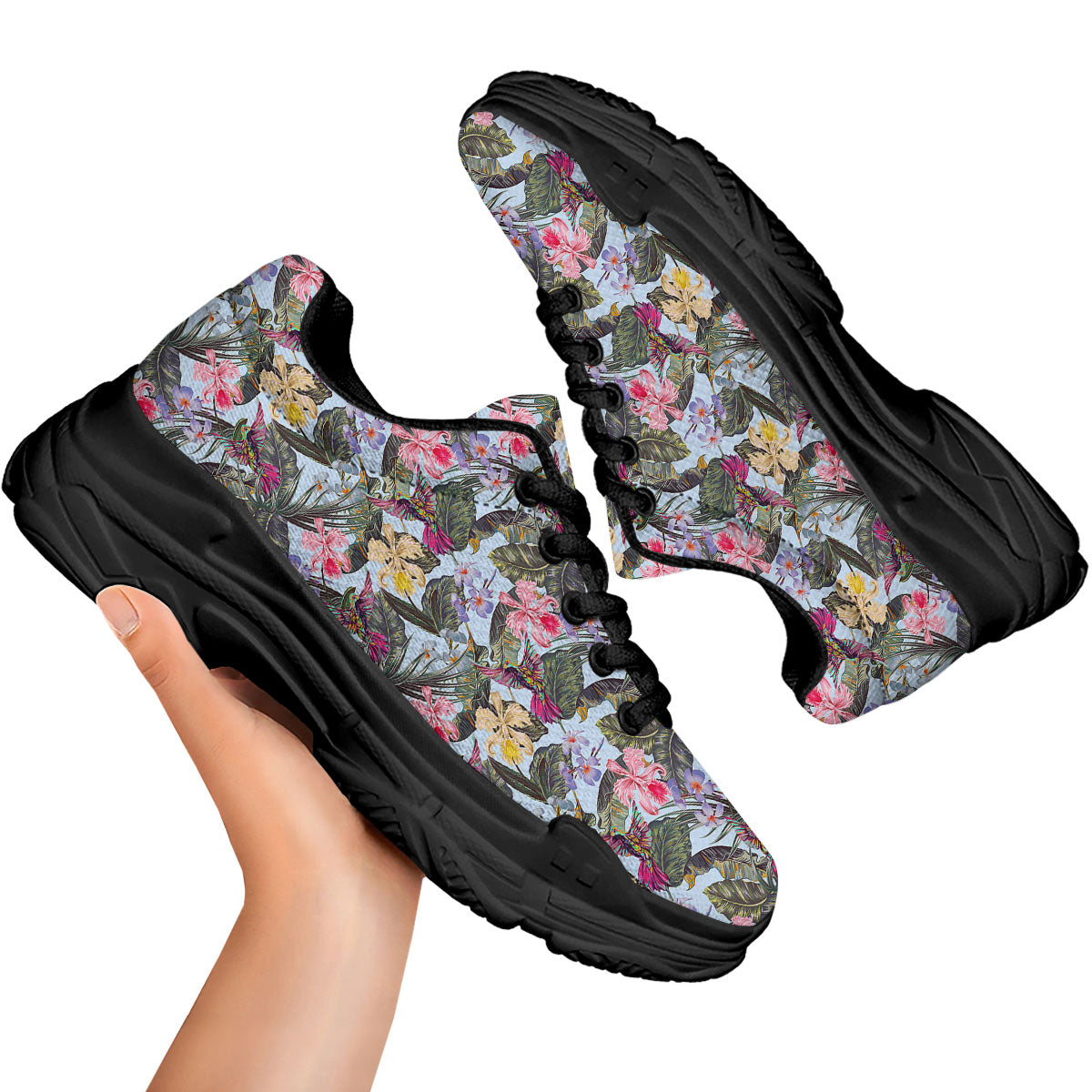 Hummingbird Tropical Print Pattern Black Chunky Shoes-grizzshop