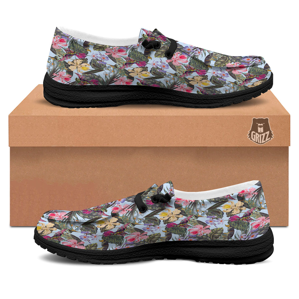 Hummingbird Tropical Print Pattern Black Loafers-grizzshop