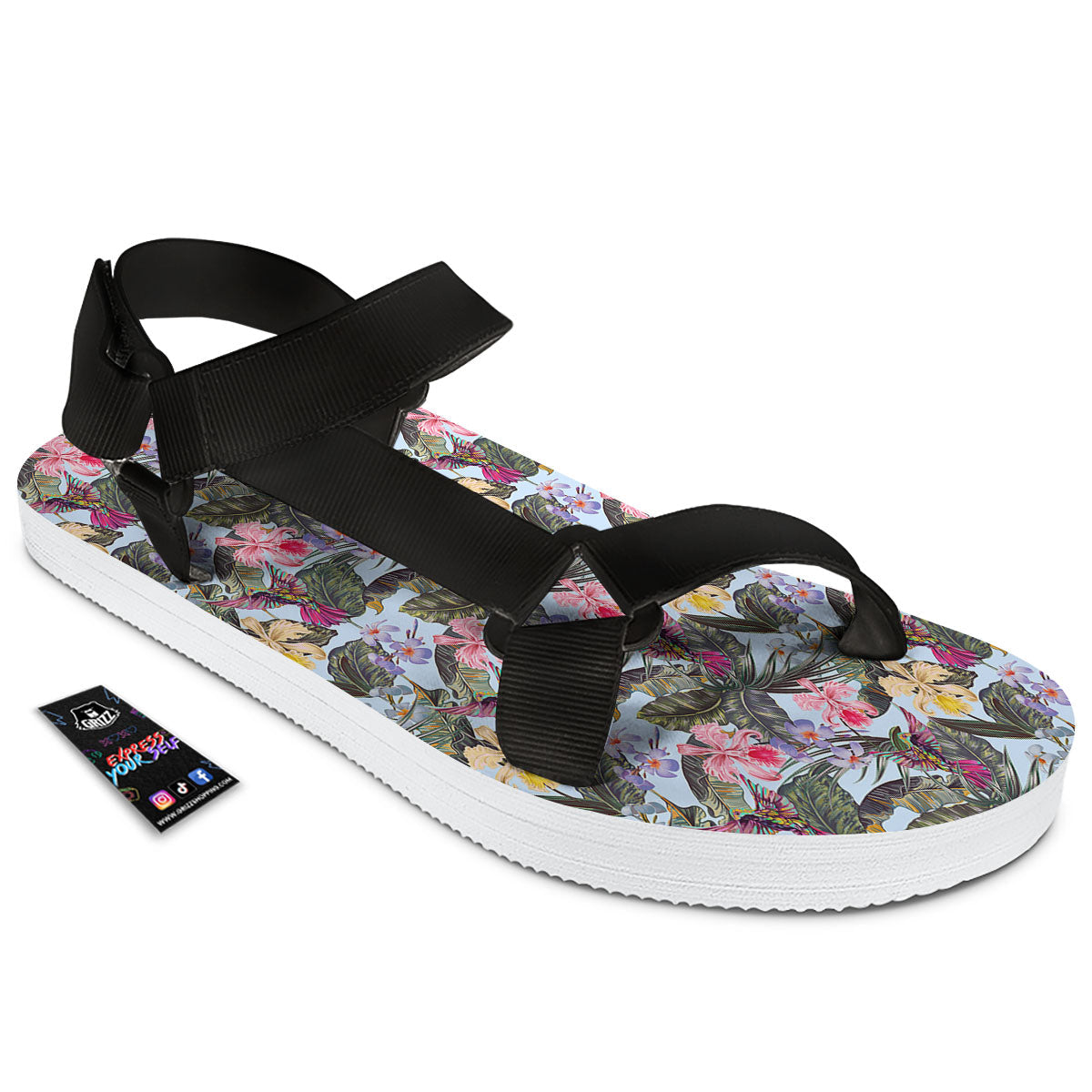 Hummingbird Tropical Print Pattern Black Open Toe Sandals-grizzshop