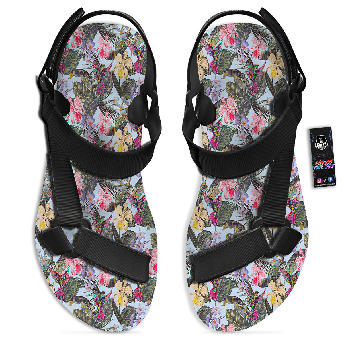 Hummingbird Tropical Print Pattern Black Open Toe Sandals-grizzshop