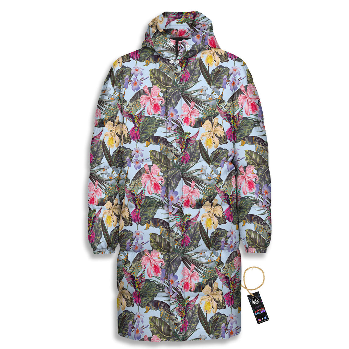 Hummingbird Tropical Print Pattern Long Down Jacket-grizzshop