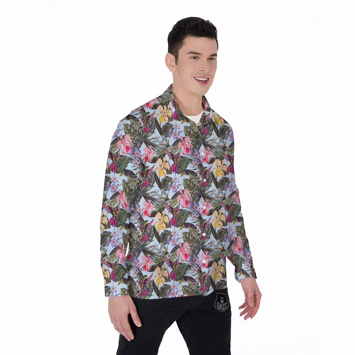 Hummingbird Tropical Print Pattern Men's Long Sleeve Shirts-grizzshop