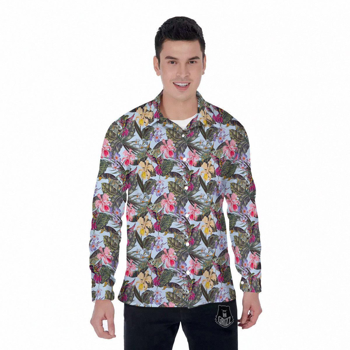 Hummingbird Tropical Print Pattern Men's Long Sleeve Shirts-grizzshop