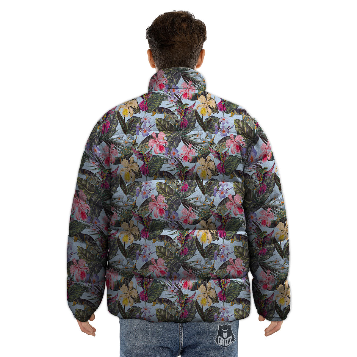 Hummingbird Tropical Print Pattern Puffer Jacket-grizzshop