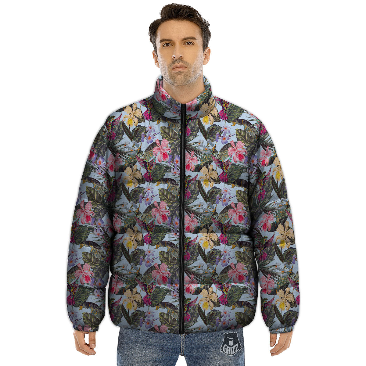 Hummingbird Tropical Print Pattern Puffer Jacket-grizzshop