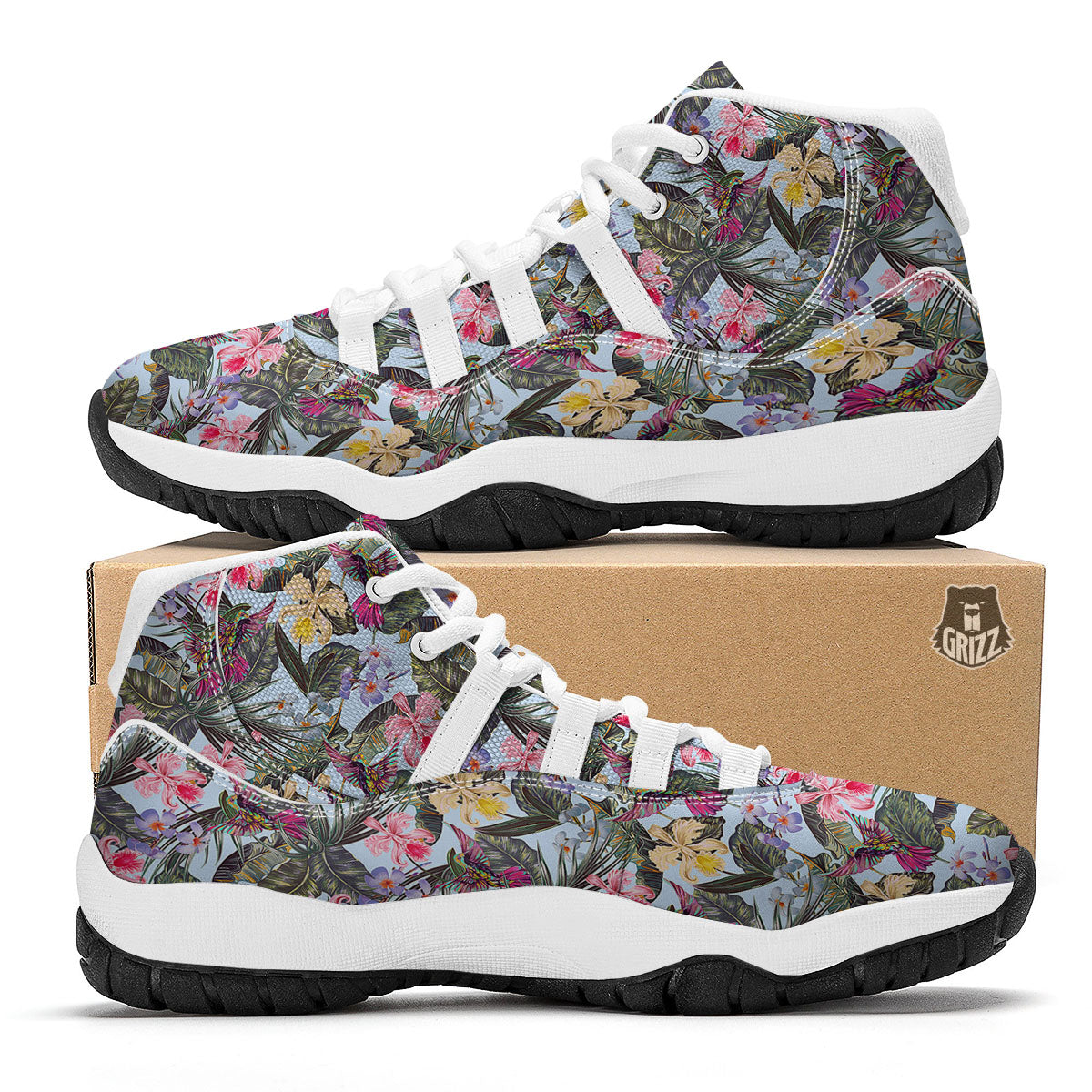 Hummingbird Tropical Print Pattern White Bball Shoes-grizzshop
