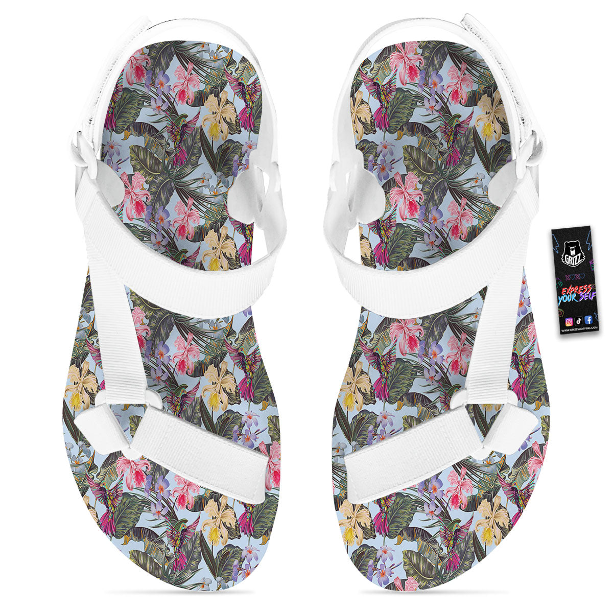 Hummingbird Tropical Print Pattern White Open Toe Sandals-grizzshop