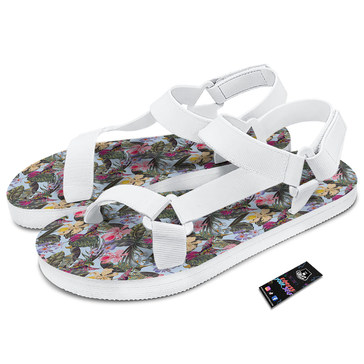 Hummingbird Tropical Print Pattern White Open Toe Sandals-grizzshop