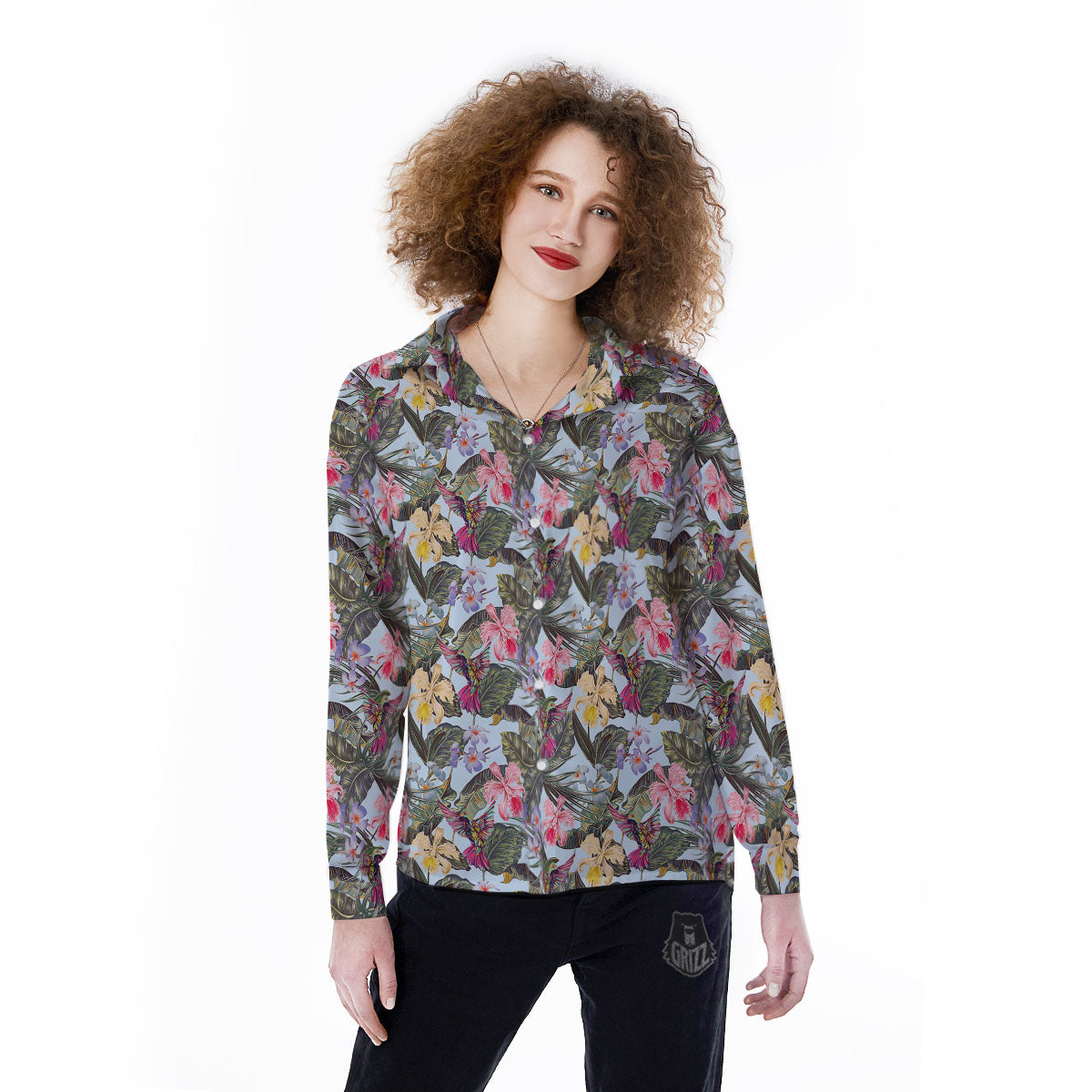 Hummingbird Tropical Print Pattern Women's Long Sleeve Shirts-grizzshop