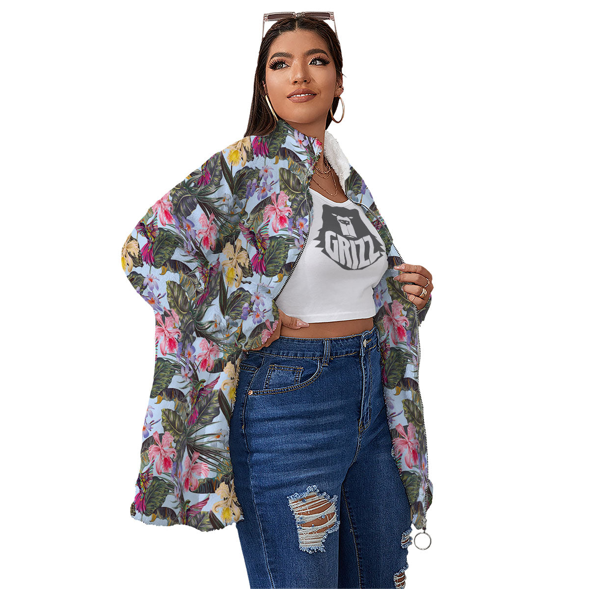 Hummingbird Tropical Print Pattern Women's Sherpa Jacket-grizzshop