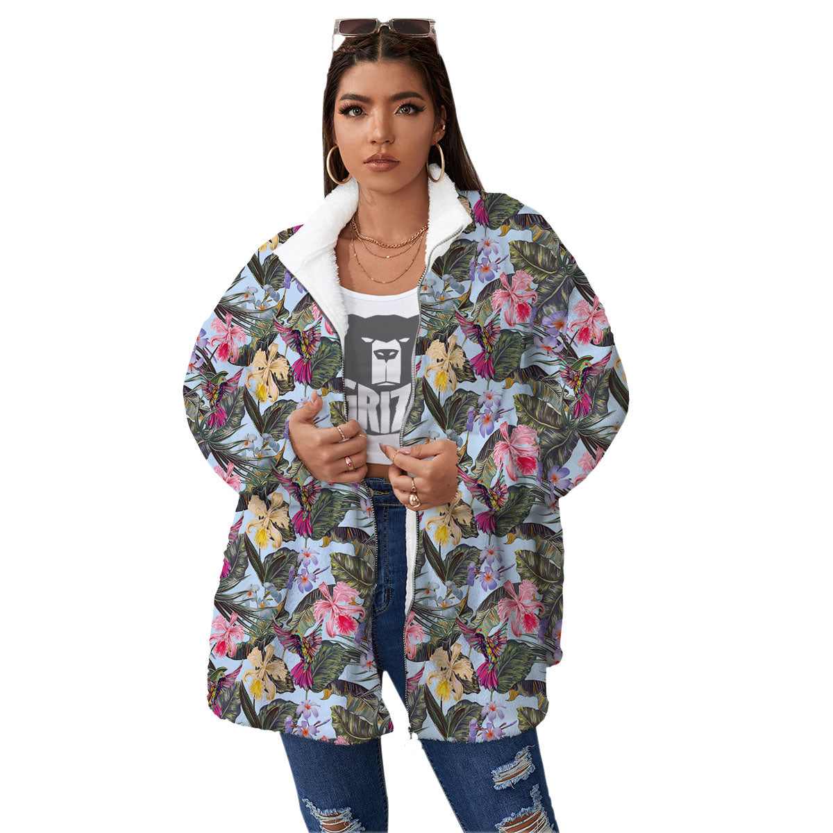 Hummingbird Tropical Print Pattern Women's Sherpa Jacket-grizzshop