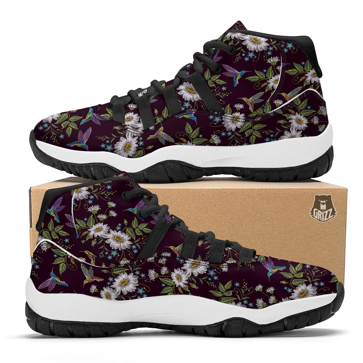 Hummingbird White Daisy Black Bball Shoes-grizzshop