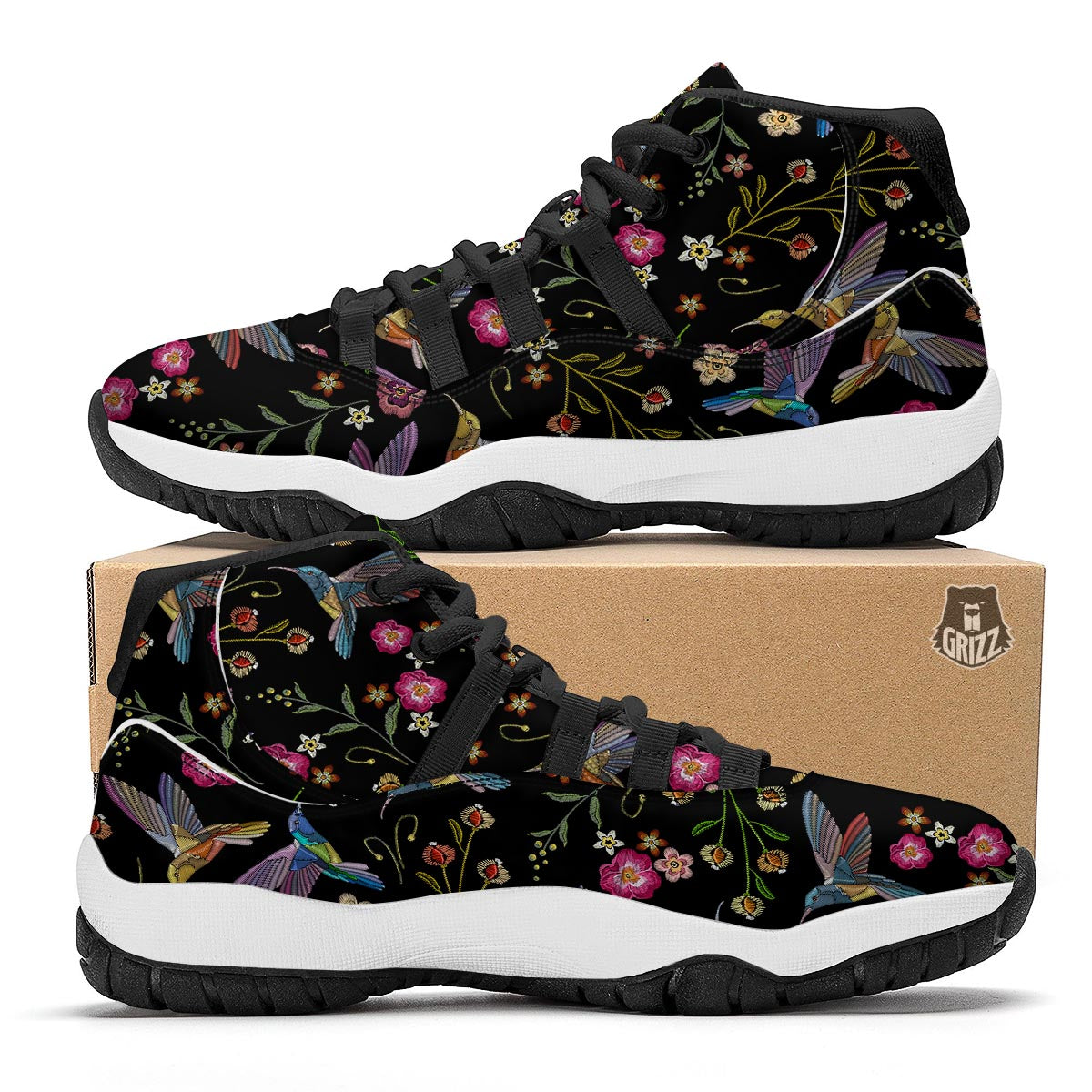 Hummingbird White Floral Black Bball Shoes-grizzshop