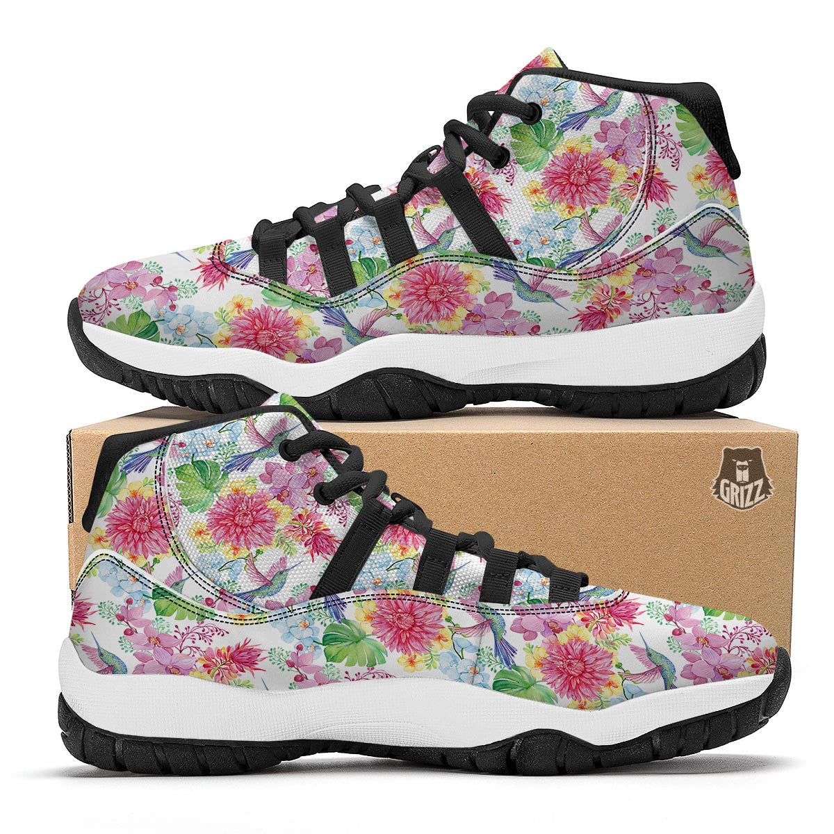 Hummingbird White Floral Drawing Black Bball Shoes-grizzshop