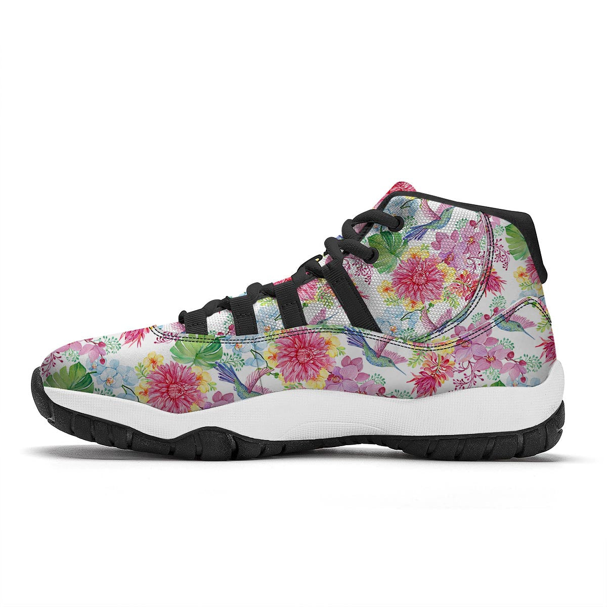 Hummingbird White Floral Drawing Black Bball Shoes-grizzshop