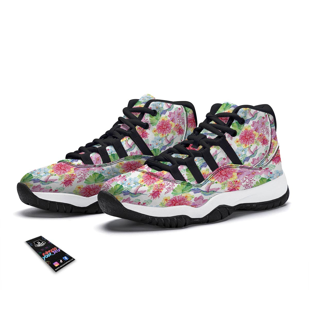 Hummingbird White Floral Drawing Black Bball Shoes-grizzshop