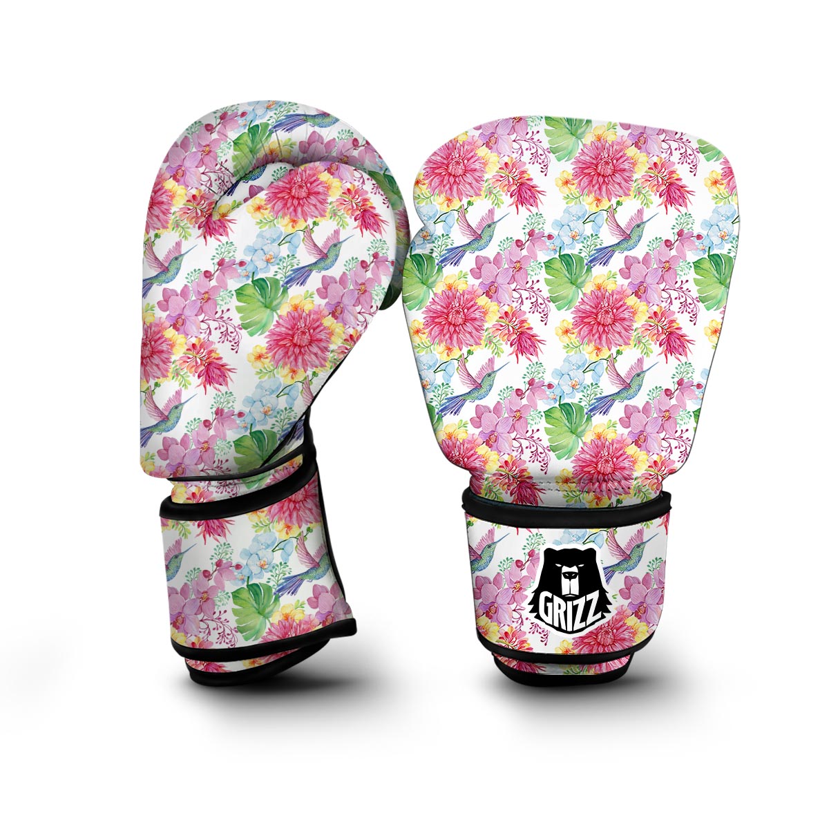 Hummingbird White Floral Drawing Boxing Gloves-grizzshop