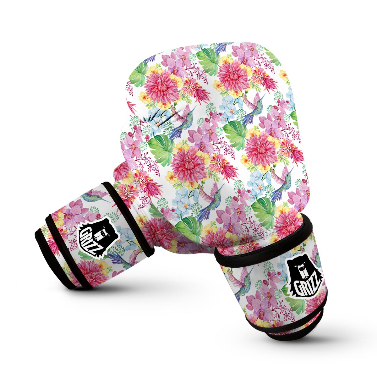 Hummingbird White Floral Drawing Boxing Gloves-grizzshop
