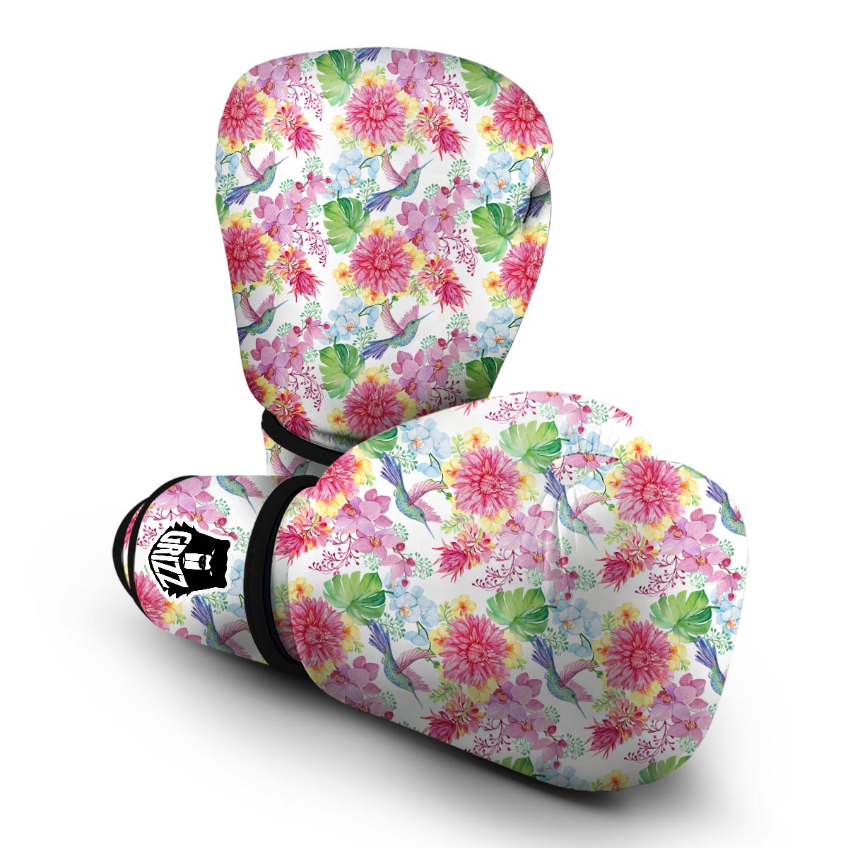 Hummingbird White Floral Drawing Boxing Gloves-grizzshop