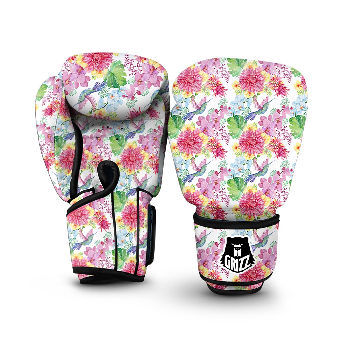 Hummingbird White Floral Drawing Boxing Gloves-grizzshop