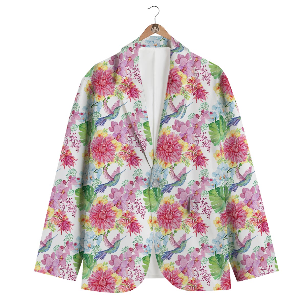Hummingbird White Floral Drawing Men's Blazer-grizzshop