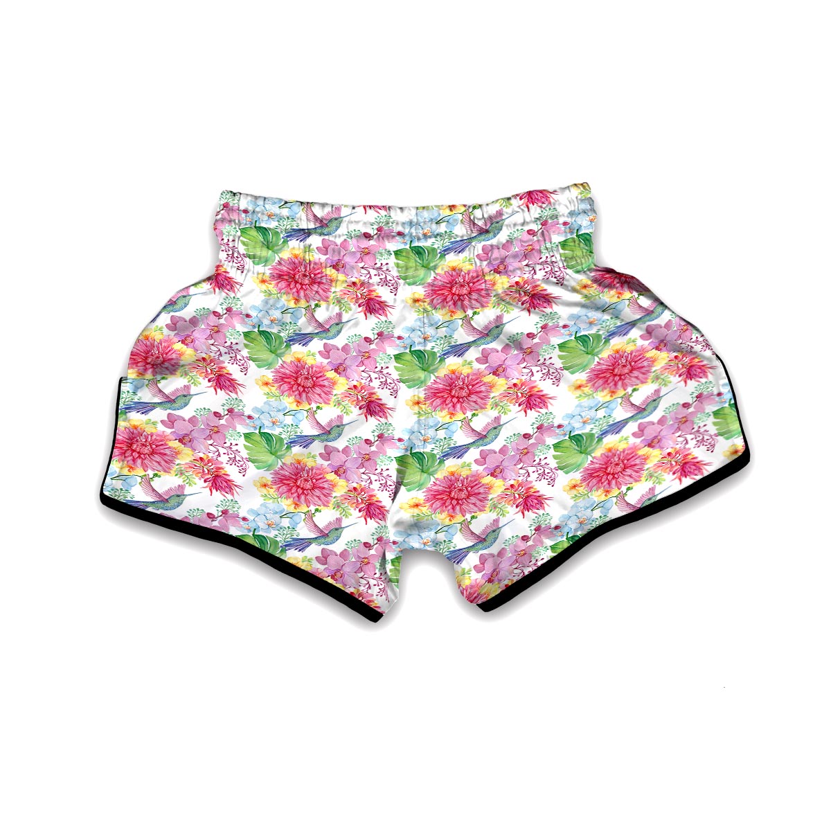 Hummingbird White Floral Drawing Muay Thai Boxing Shorts-grizzshop