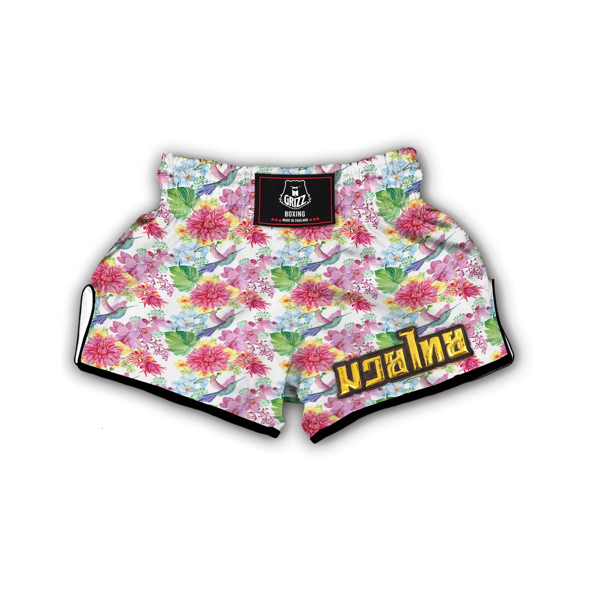 Hummingbird White Floral Drawing Muay Thai Boxing Shorts-grizzshop