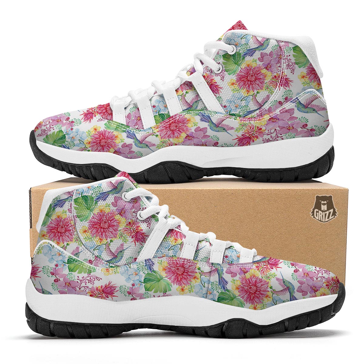 Hummingbird White Floral Drawing White Bball Shoes-grizzshop