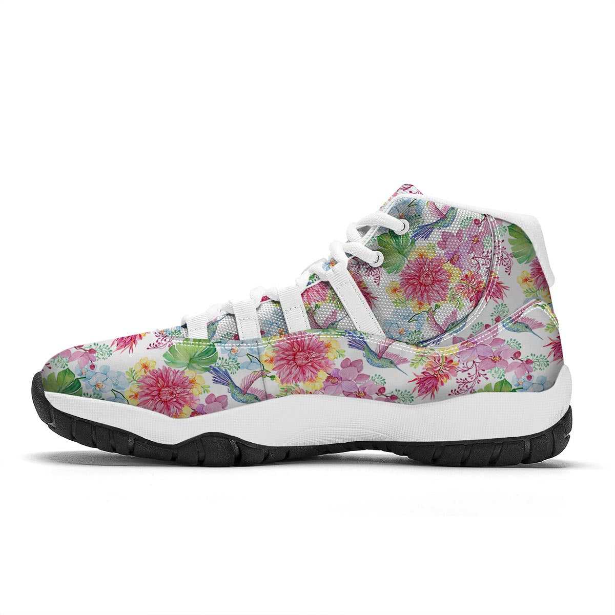 Hummingbird White Floral Drawing White Bball Shoes-grizzshop