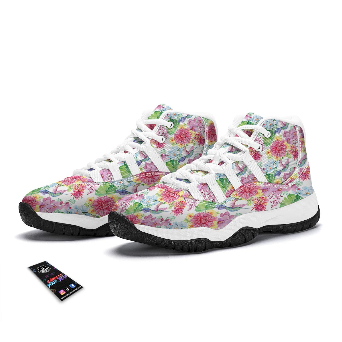 Hummingbird White Floral Drawing White Bball Shoes-grizzshop