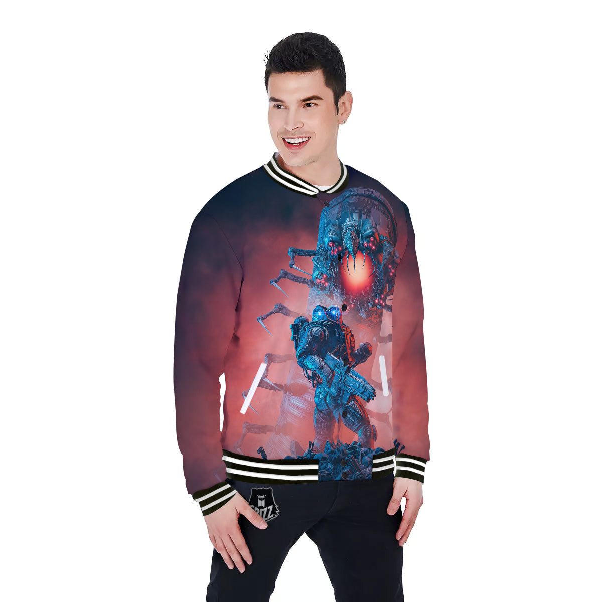 Hunting Alien Worm Print Baseball Jacket-grizzshop