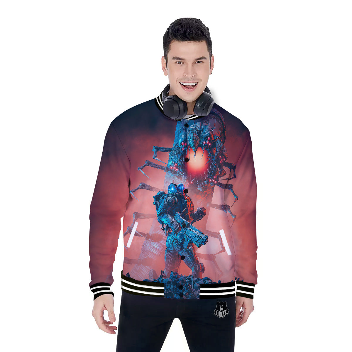 Hunting Alien Worm Print Baseball Jacket-grizzshop