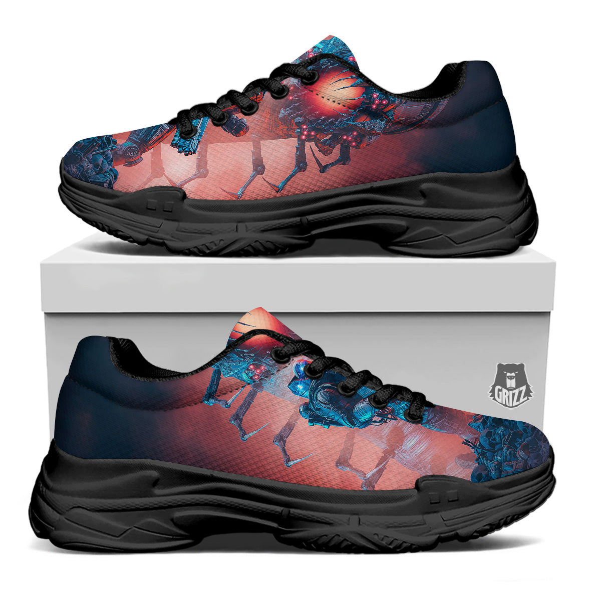 Hunting Alien Worm Print Black Chunky Shoes-grizzshop