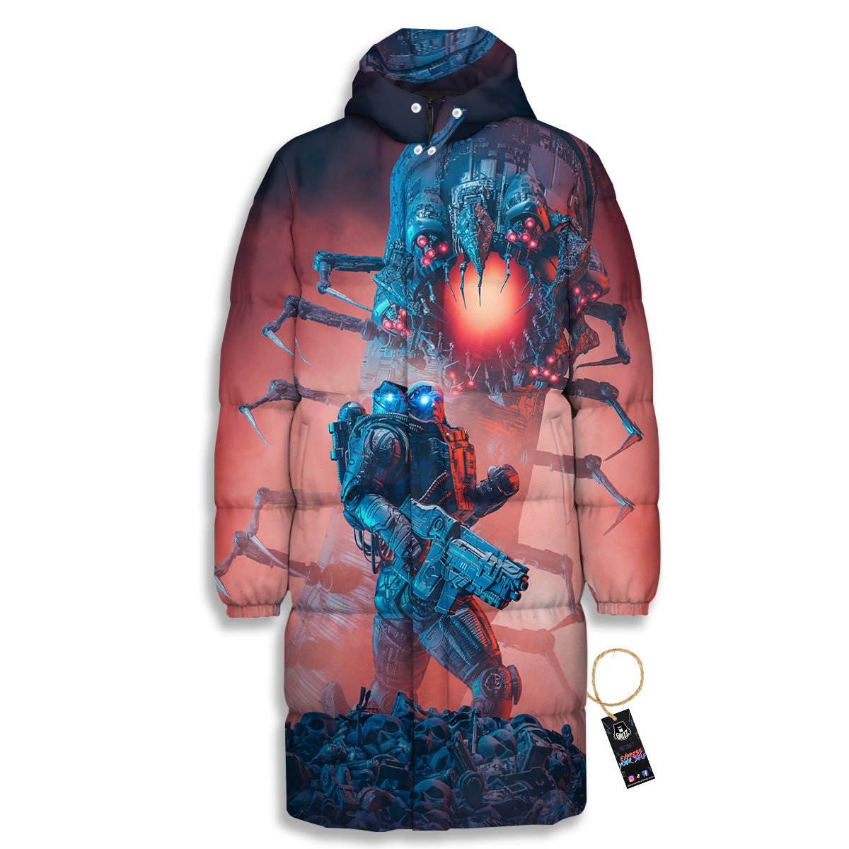 Hunting Alien Worm Print Long Down Jacket-grizzshop