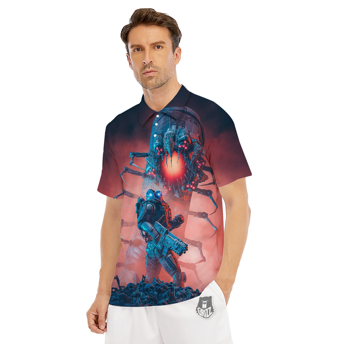 Hunting Alien Worm Print Men's Golf Shirts-grizzshop