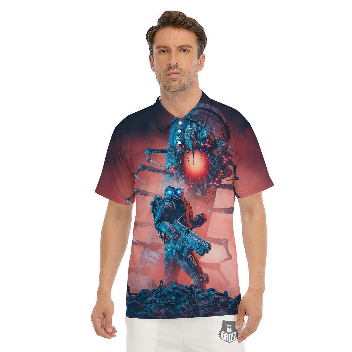 Hunting Alien Worm Print Men's Golf Shirts-grizzshop