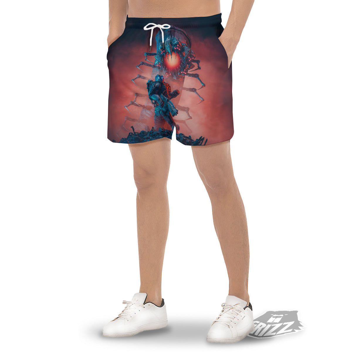Hunting Alien Worm Print Men's Gym Shorts-grizzshop